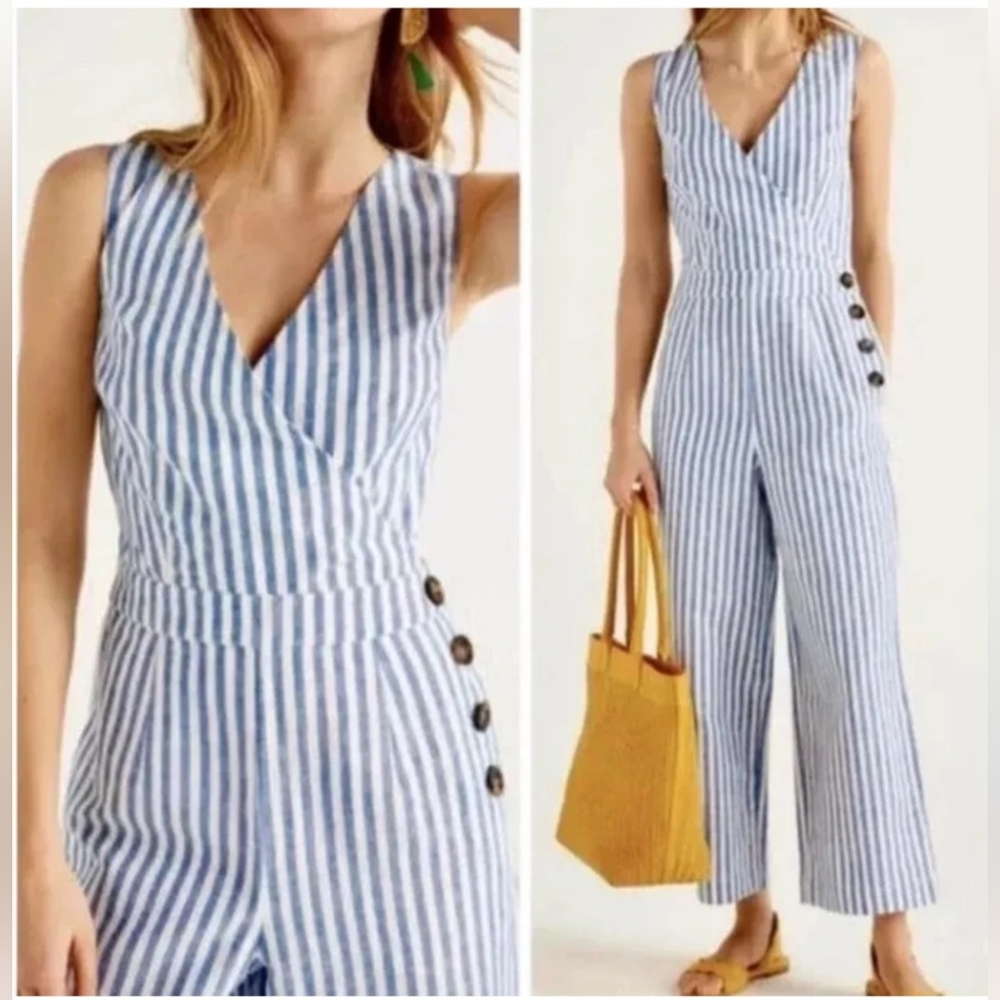 Boden Striped V-Neck Jumpsuit in Blue and White